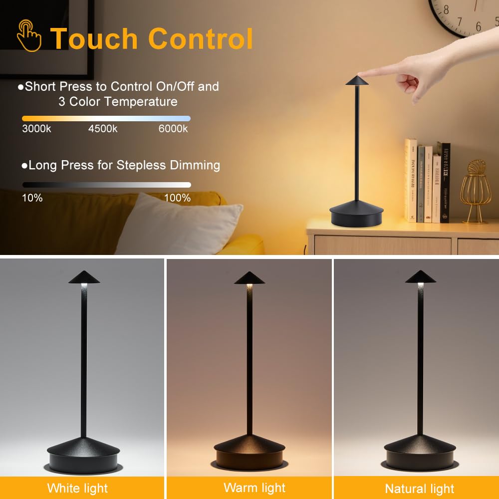 EJQ Kabellose LED-Tischlampen, tragbar, 6000 mAh, wiederaufladbare Tischlampen, Touch-Steuerung, Outdoor-Tischlampen, 3 Farben, dimmbar, für Restaurant, Terrasse, Schlafzimmer, 2 Stück