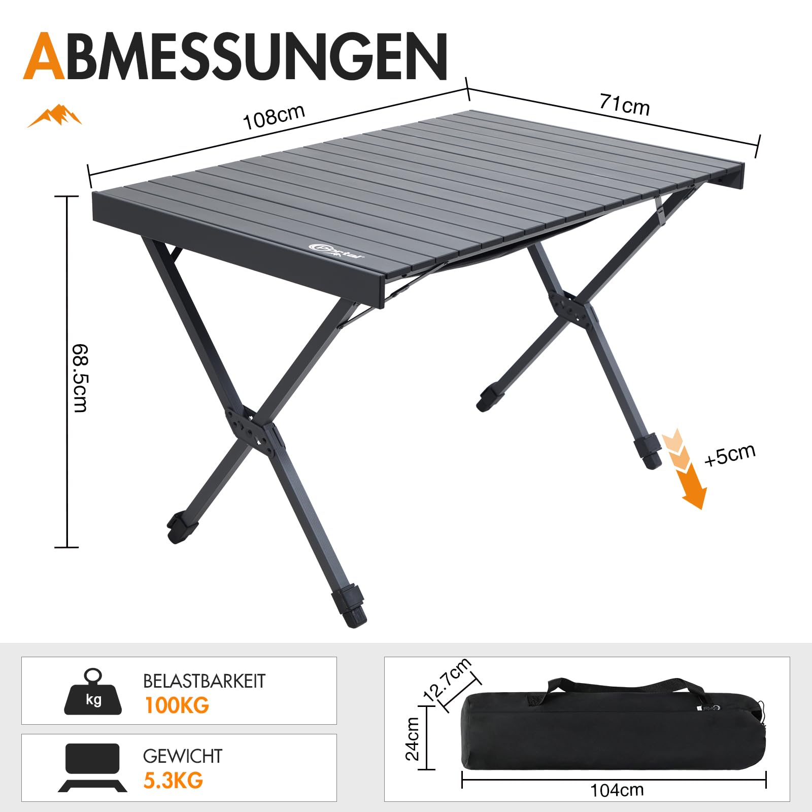 PORTAL Campingtisch faltbar Höhenverstellbar Klapptisch Aluminium 108 x 71cm rollbar Camping Tisch klappbar Falttisch leicht für Picknick Party Garten Wandern Reisen