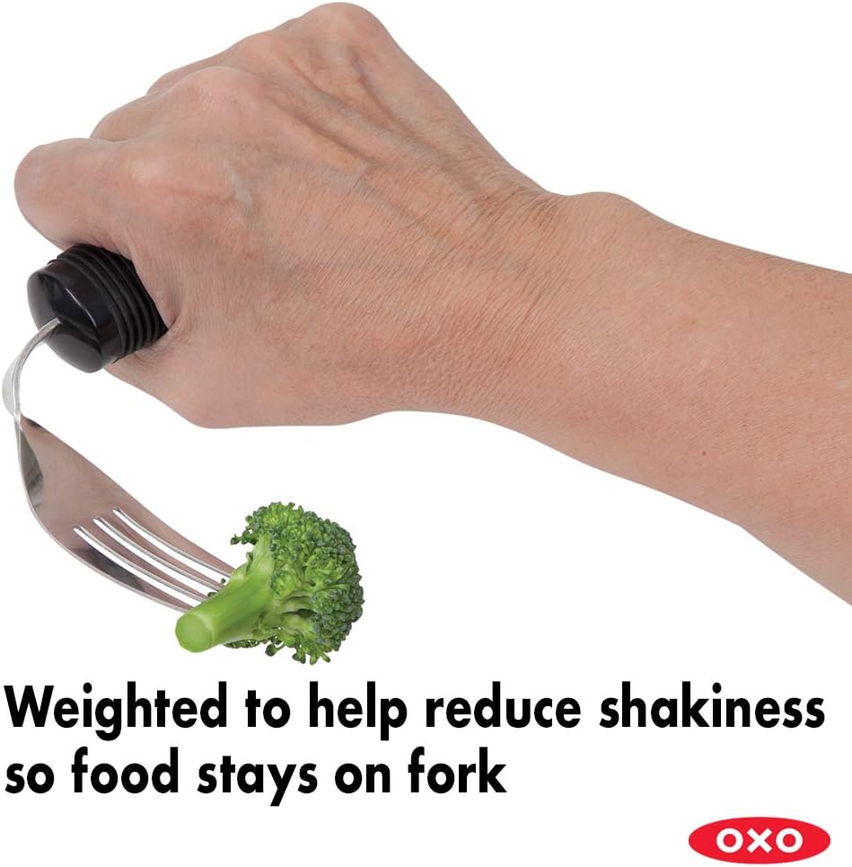 Adaptive Eating Utensil. OXO Good Grips Weighted Fork is 6 oz, Bendable with Non-Slip Built Up Handle. Helpful for Parkinson s, Tremors, Spasticity, Ataxia, Stroke, Arthritis or Limited Hand Control.