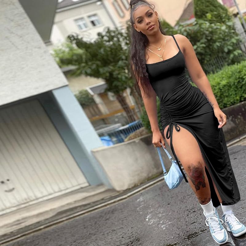 Nimsruc Womens Sexy Summer Dresses Spaghetti Strap Thigh-high Slit Ruched Bodycon Maxi Club Cocktail Party Dress4