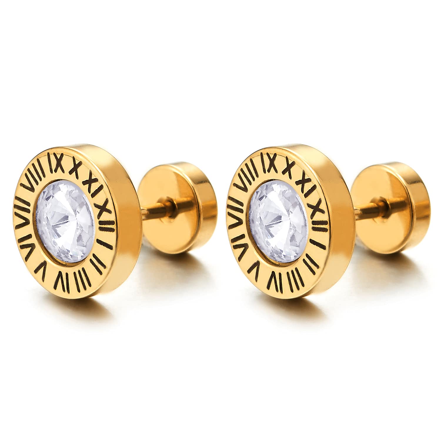 COOLSTEELANDBEYOND 10MM Oro Círculo Pendientes de Hombre, Aretes, Acero, con Números Romanos y 5mm Claveteado Circonita, Cierre Tornillo