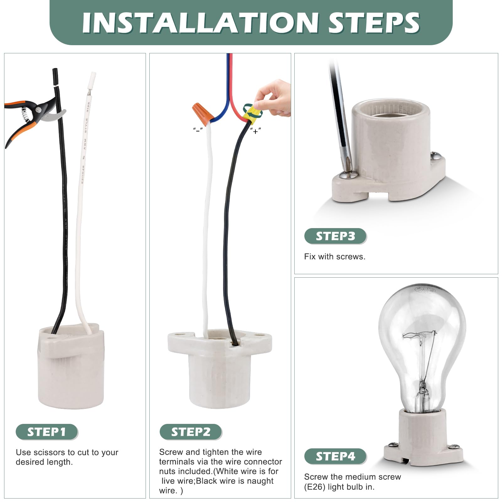 E26 Light Socket - Porcelain Bulb Holder with Leads -4