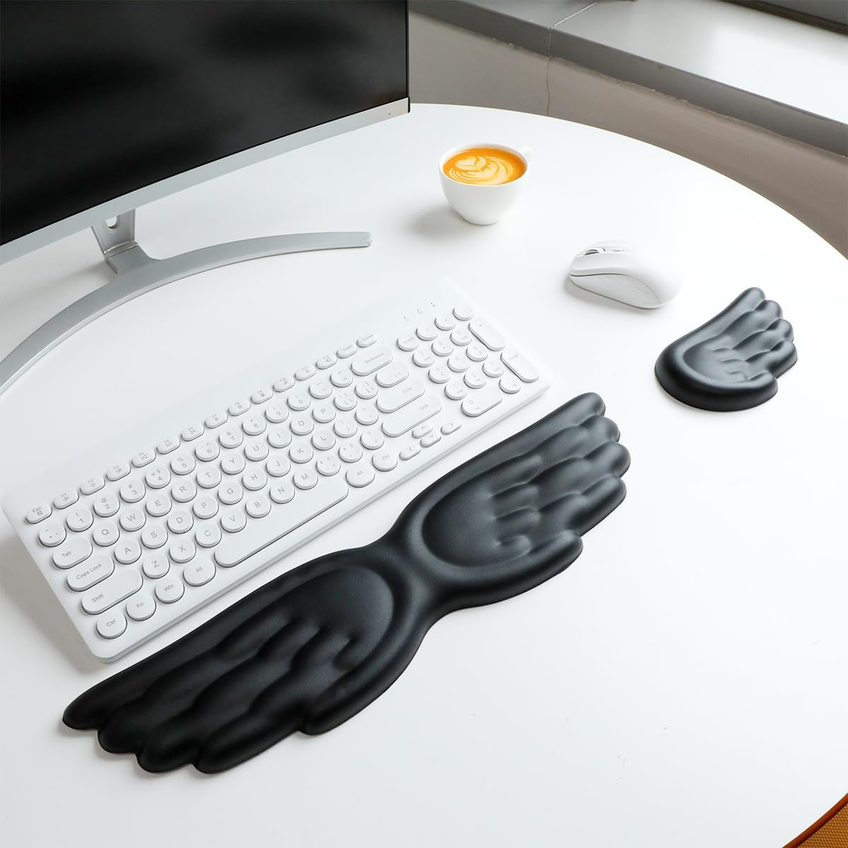 Ergonomic Keyboard Wrist Rest & Mouse Wrist Rest Set - Memory Foam Cushion Durable Non-Slip, Soft Leather Support for Comfortable Typing - Dark Angel Wings