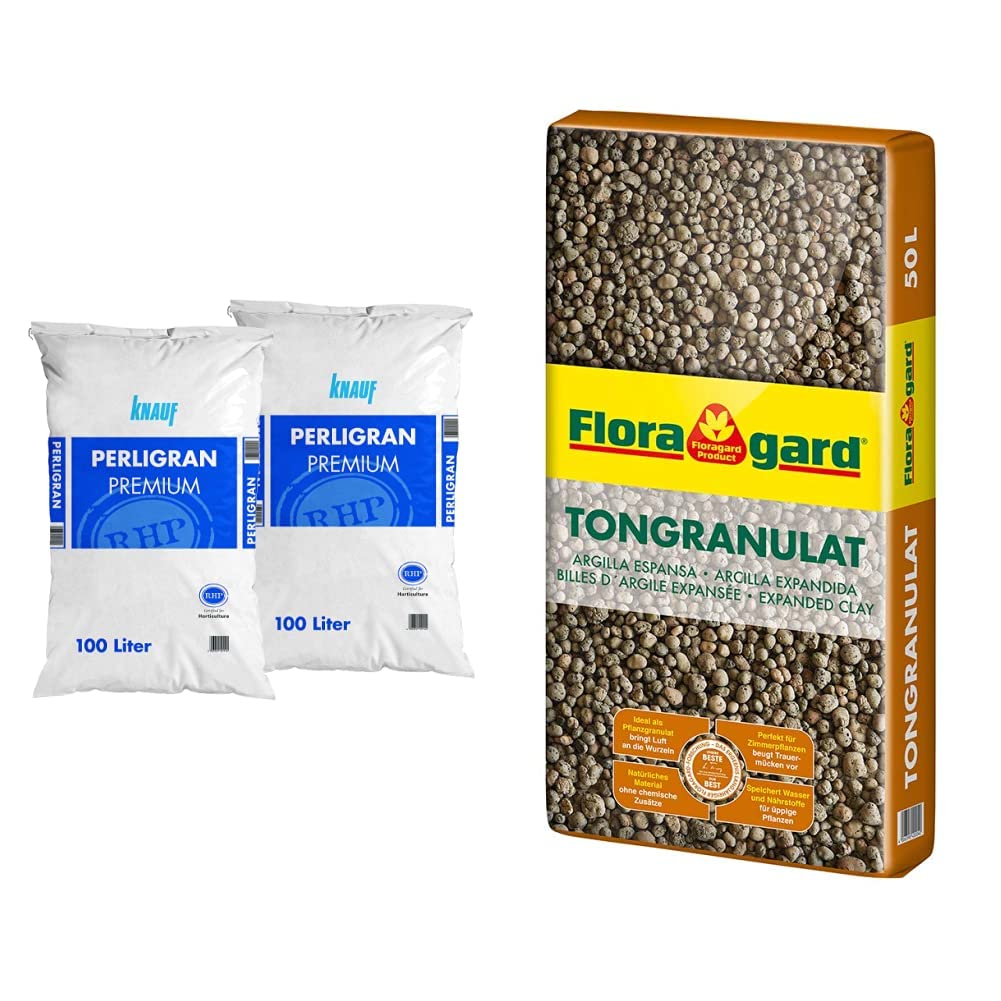 Knauf Gartenbau Perlite Perligran 2-6 mm 2x100 L • zur Erden- und Substratverbesserung • 200 L & Blähton Tongranulat zur Drainage - Hydrokultursubstrat - für Pflanzkästen, Kübel oder Töpfe - 50 L