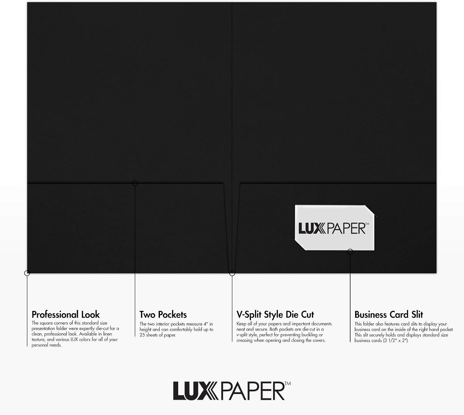 LUXPaper 9" x 12" Presentation Folders | Two Pocket | Front Cover Card Slits (Lower Right) | Deep Black Linen | 100lb. Cover | 25 Qty