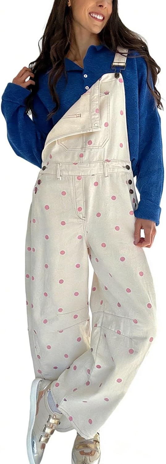 CHARTOU Y2k Polka Dot Barrel Jeans Overalls for Women Baggy Denim Jumpsuit Cargo Wide Leg Pants with Pockets