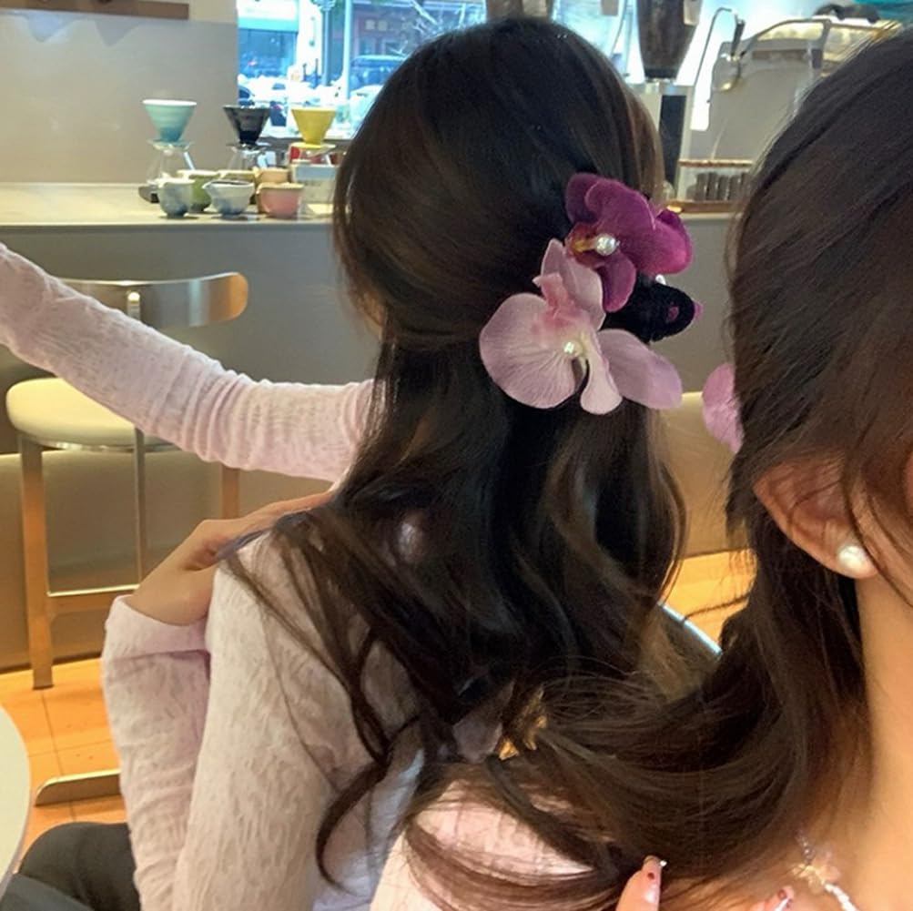 Orchid Flower Hair Claw Clips Non Slip Flower Hair Claw Ponytail Maker Holder Ponytail Hairpiece Clip Ponytail Strong Hold Jaw Clips for Women and Girls - Image 3