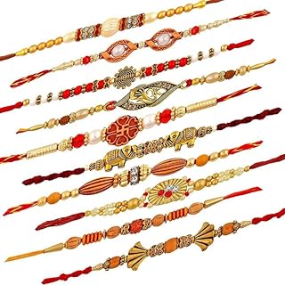 Rakhi Set Rakhi for Brother Rakhi for Rakshabandhan Rakhi for Bhaiya Bhabhi Rakhi Set with Roli Chawal Rakhi with puja thali combo of 10 multicolour, Medium