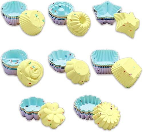 Miniatura 8 de Juego de 40 tazas de silicona para hornear magdalenas – 8 formas incluyendo redondo, cuadrado, estrella, girasol, rosa, crisantemo, flor, calabaza