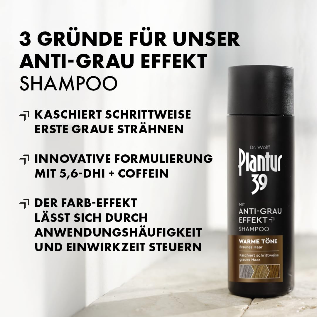 Plantur 39 Anti-Grau Effekt Shampoo, 1 x 200 ml - Für warme Töne und braunes Haar - Kaschiert schrittweise graue Haare ohne Färben - Coffein-Shampoo für Frauen für kräftiges Haar
