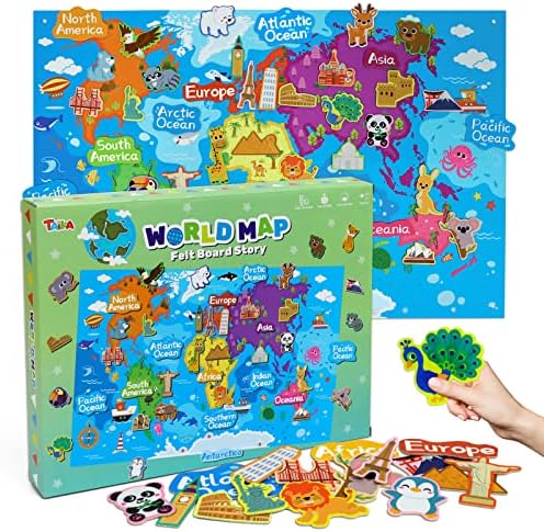 Taika 43x28 inch World Map Felt Board Set, World Map Floor Mat, Animals Felt Story Board, Geography Theme Carpet, Kids World Country Area Rug, Colorful Map Play Mat