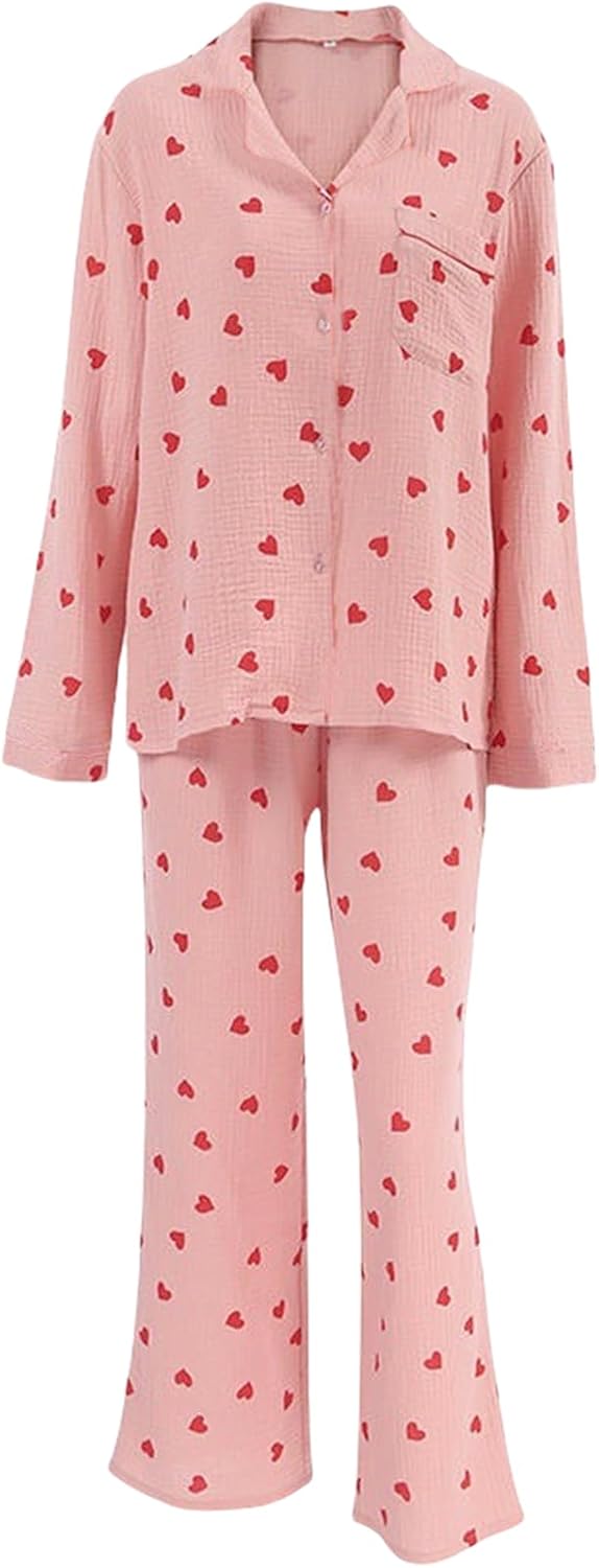 AMPOSSTO Women Love Heart Print 2 Peice Pyjama Set Long Sleeve Button Down Shirts with Long Pants Pajamas for Sleepwear - Image 6