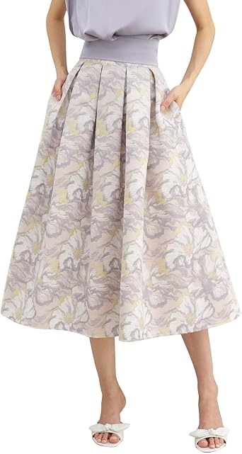 CHICWISH Women Gilded Bloom Jacquard Pleated Skirt Casual High Waist A Line Flare Midi Skirts with Pockets
