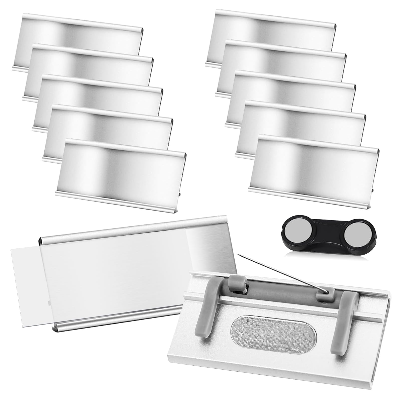 10 Stück Aluminium Namenschilder mit Starkem Doppelmagnet, Namensschilder für Kleidung Magnet mit Sicherheitsnadeln,Professionell Magnet Namensschild mit Papierschlitz,Ca. 72x 35 mm