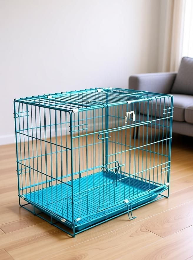 Image of PETJOY Foldable Metal Dog Cage | 36 Inch Dog Crate Kennel for Puppies, Large Dogs, Cats & Rabbits | Double Door with Secure Lock, Removable Leak-Proof Tray | Portable & Easy to Clean Pet Cage (Blue)