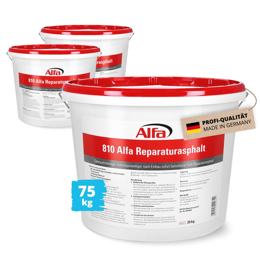3x Alfa Reparaturasphalt 25 kg Kaltasphalt – Asphalt – Reparatur – Profi | Profi Qualität – Reparaturasphalt Körnung 0–5 mm für Beton und Bitumen, sofort befahrbar und bei jeder Witterung einsetzbar
