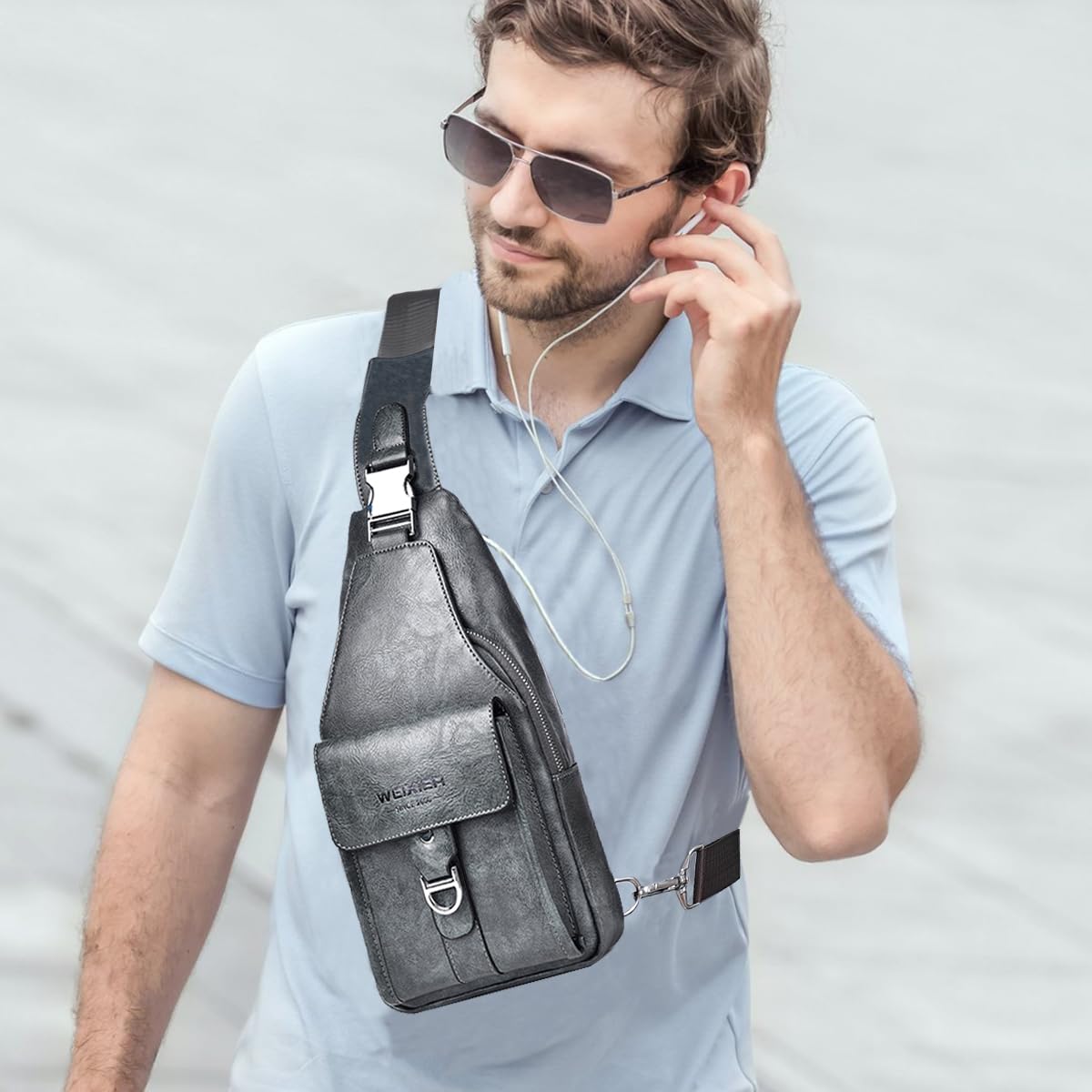 A-QMZL Bolso Hombre de Pecho de Piel Bandolera PU Cuero Bolsos Bandolera Casual Sling Bag Mochila Hombro Bolsas Impermeable Crossbody Bag (gris)