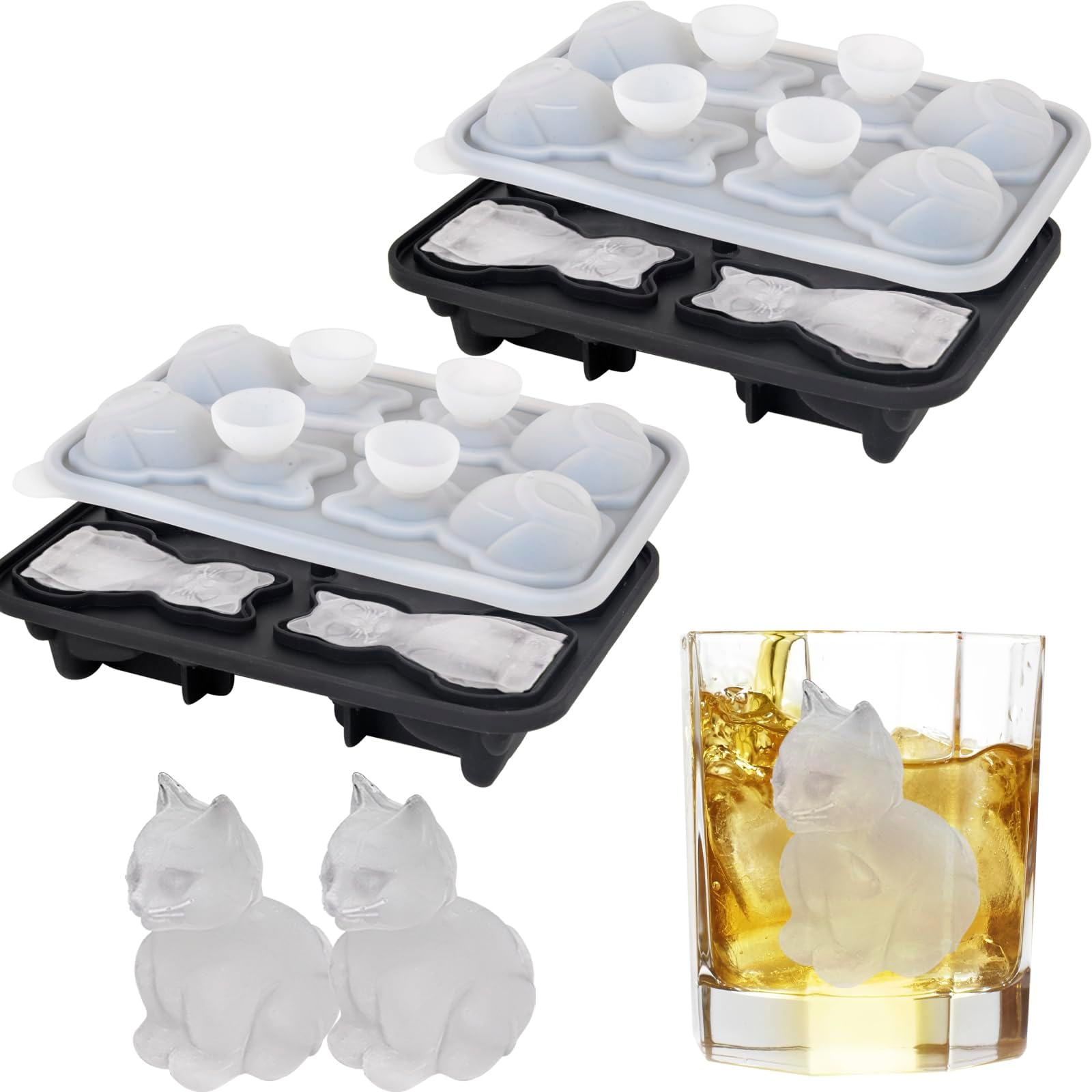 Nerien Cat Ice Cube Mold, 2pcs Silicone Cat Shape Ice Cube Tray for Cocktail Whiskey Bourbon Chilling, Slow-Melting 4-Hole Reusable Large Fun Shapes Ice Molds, Cute Cat Gifts for Cat Lovers Women Men