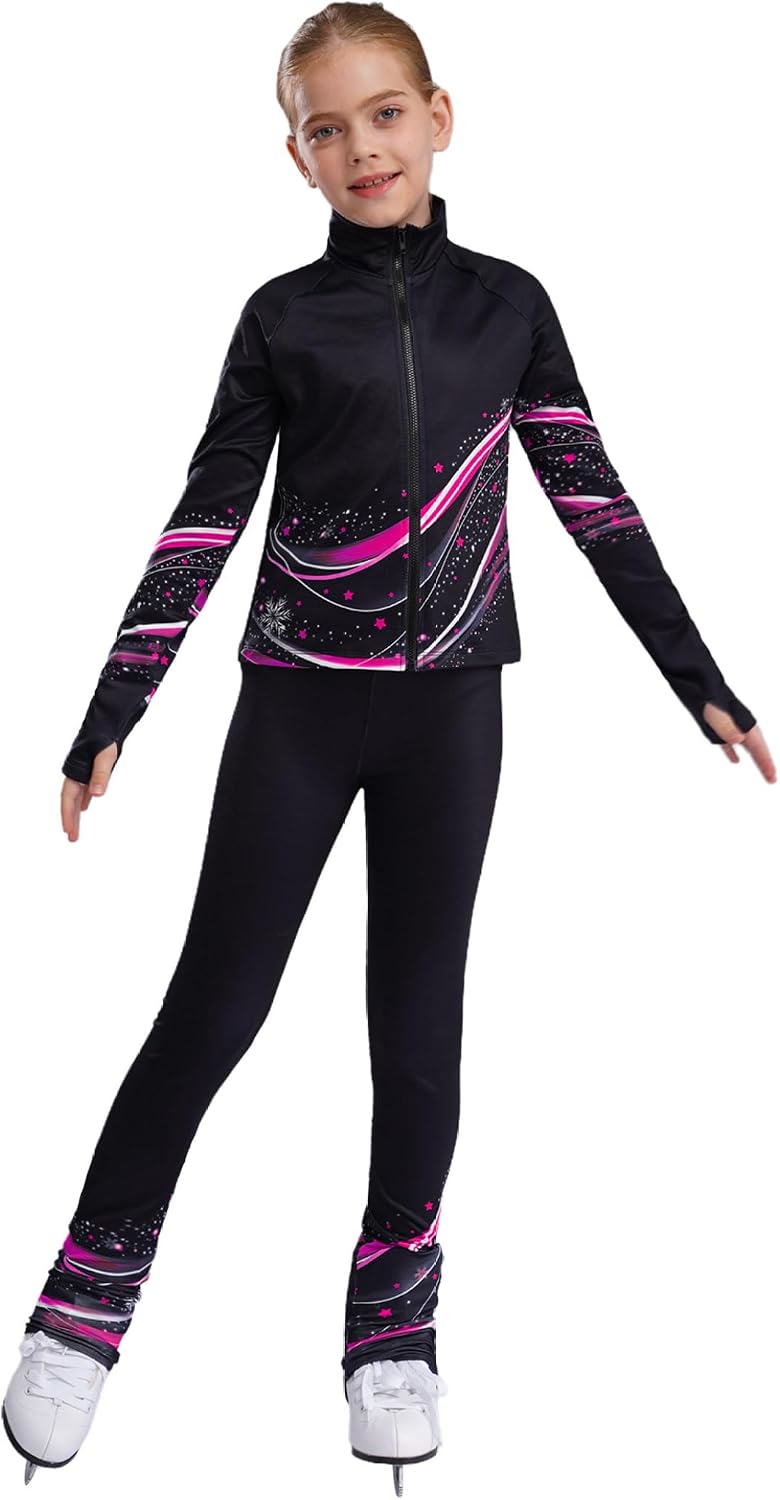 Kids Girls Stylish Printed Athletic Tracksuit Fleece-Lined Zipper Long Sleeve Sweatshirt and Tights Set
