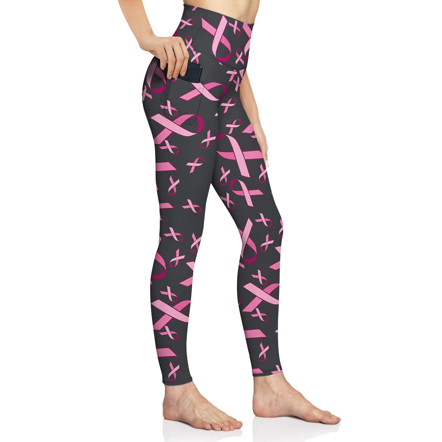 CAIJI Yoga Pants Women Tummy Control Leggings Breast Cancer Awareness Pink Ribbon Gym Trousers Durable Fitness Tights 2XL