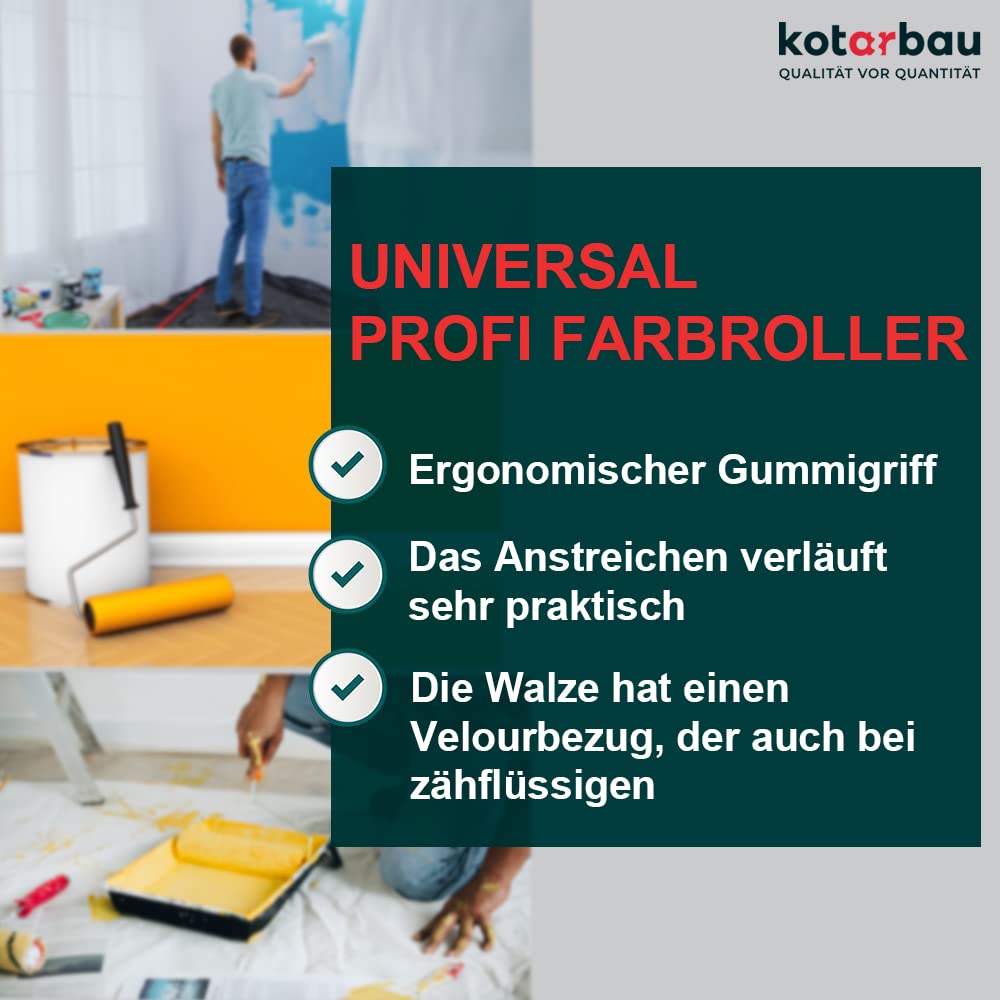KOTARBAU 5er Set Velours-Farbroller 250 mm mit Gummigriff Farbwalze Pinsel Walzenbürste Rollerwalze Rollerpinsel für Anstricharbeiten und Renovierung
