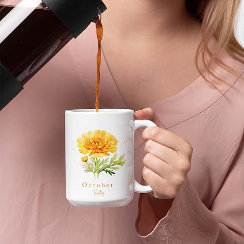 Miniatura 4 de Tazas de cerámica personalizadas del cubo de la caléndula de la olla con el nombre y el mes, Taza de café de la flor de la caléndula personalizada,