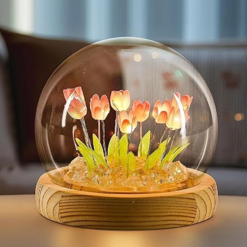 ROMJ Romantic LED Tulip Night Light with Wooden Base – 9 DIY Pink Tulip Flowers, USB Powered Table Lamp, Soft Pink Glow for Bedroom Decor & Perfect Valentine's Day Gift