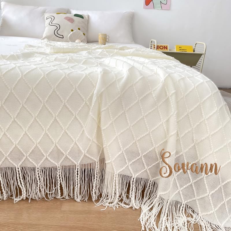 Couverture en laine monogrammée blanche 130x230cm pour vos soirées cocooning