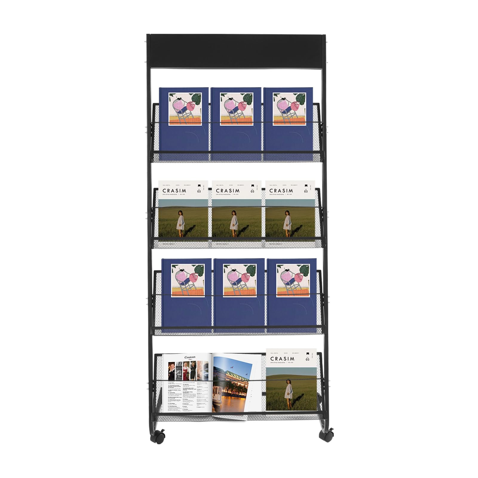 Portariviste a 4 livelli, supporto per letteratura da terra con 4 ruote, espositore per ufficio, biblioteca e reception, acciaio, portariviste A4, portariviste (nero)