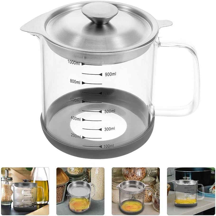 Hemobllo Grease Container with Fine Mesh Strainer 33.80Oz Bacon Grease can for Kitchen Oil Filtering and Storage with Handle for Cooking and Food Preparation