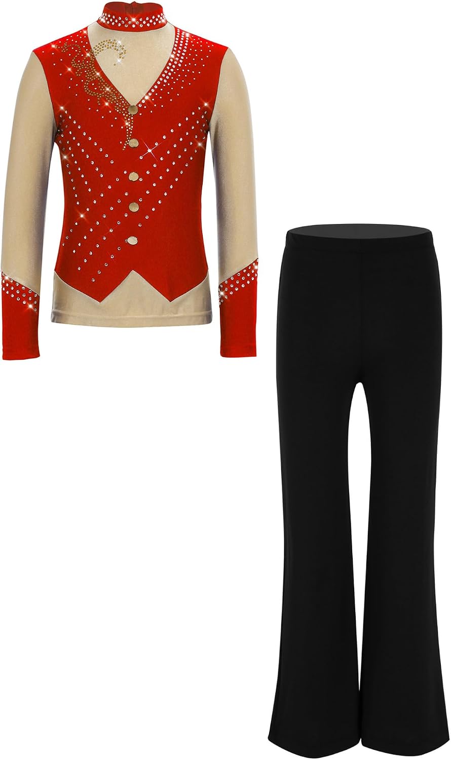 Boys Sparkly Figure Skating Suit Long Sleeve Color Block Shirt with Pants Shiny Jazz Latin Ballroom Dance Outfits