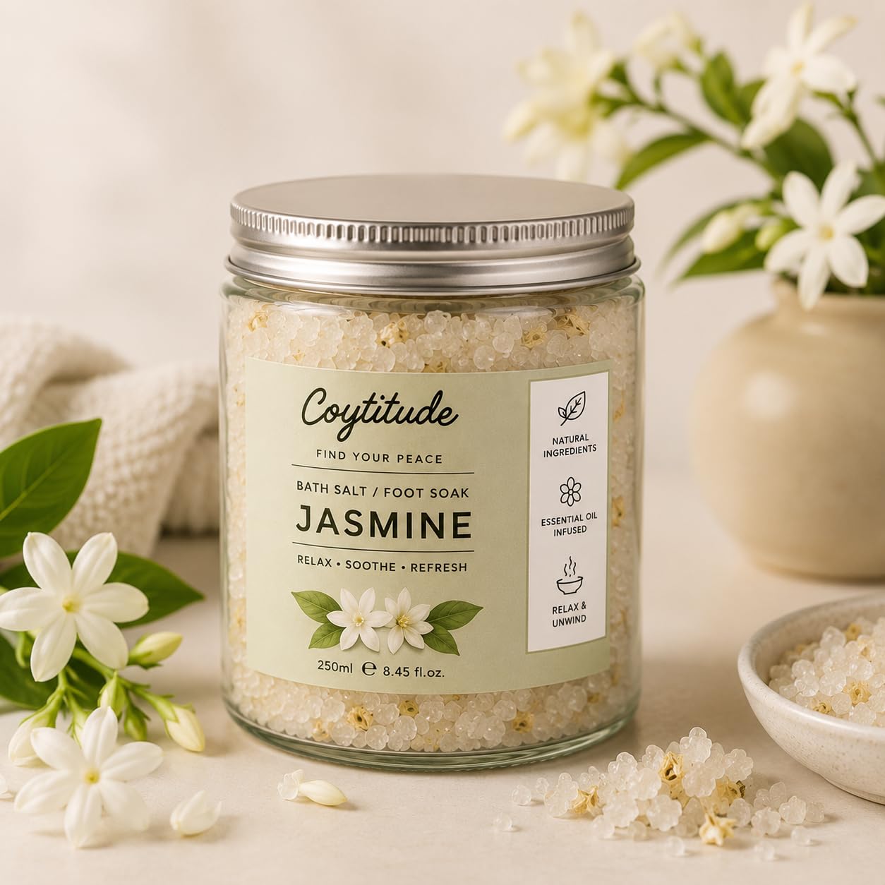 Jasmine Scented Bath Salt 250ml Glass Jar | Premium Aromatherapy Bath Salts | Relaxing Spa Bath Soak | Bath Crystals for Stress Relief & Skin Refresh | Home Spa & Gift-picture-42