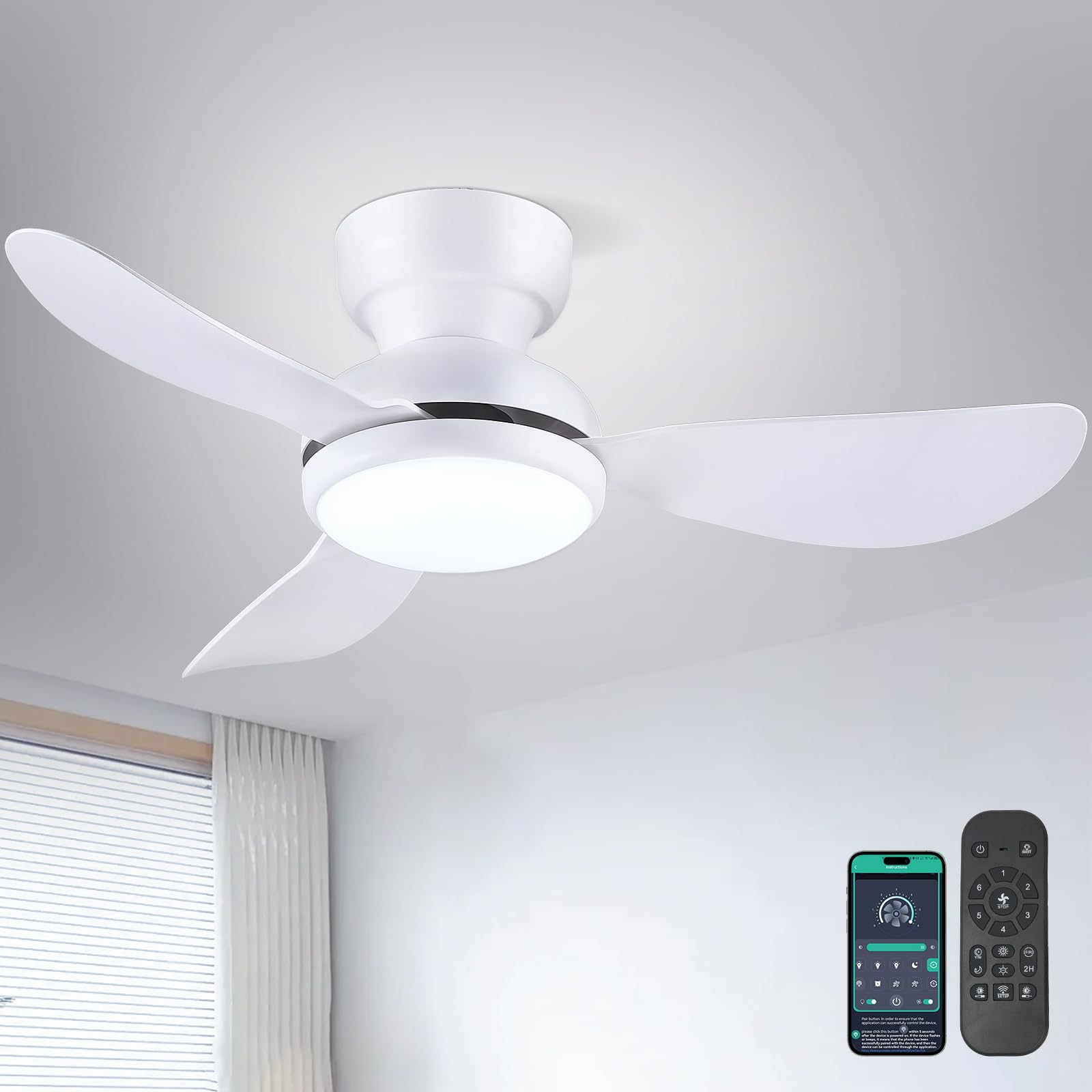 Kviflon 36-inch 3-blade white ceiling fan with integrated light, flush mounted in a room.