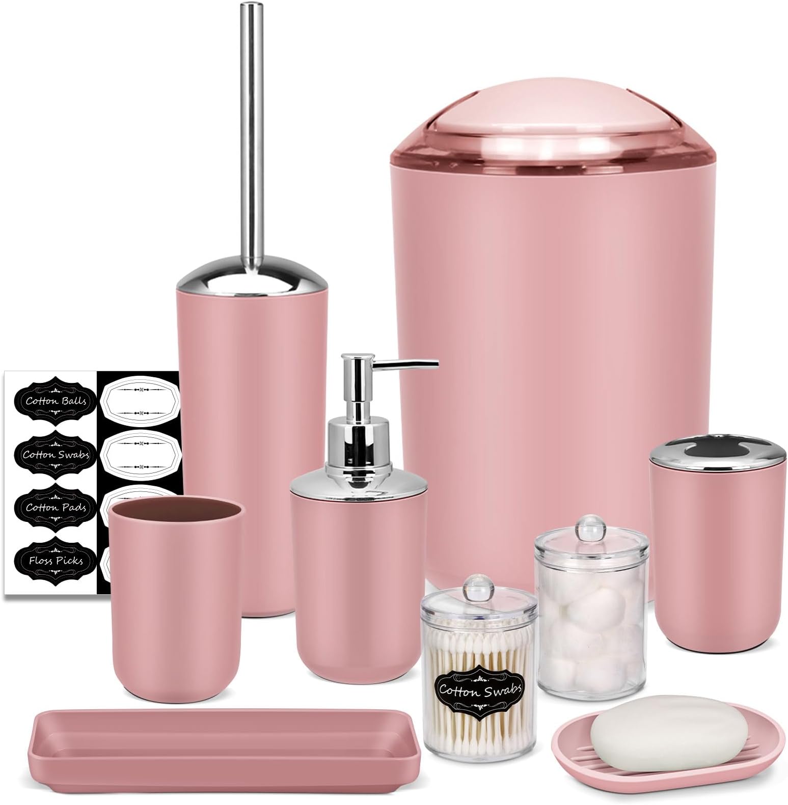IMAVO Bathroom Accessory Set - 8 Pcs Pink Bathroom Accessories Set with Trash Can, Soap Dispenser, Soap Dish, Toothbrush Holder, Toothbrush Cup, Toilet Brush Holder, Qtip Holder Dispenser with Labels