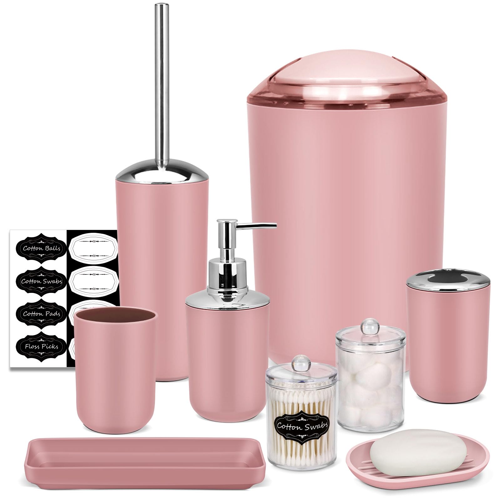 IMAVO Bathroom Accessory Set - 8 Pcs Pink Bathroom Accessories Set with Trash Can, Soap Dispenser, Soap Dish, Toothbrush Holder, Toothbrush Cup, Toilet Brush Holder, Qtip Holder Dispenser with Labels