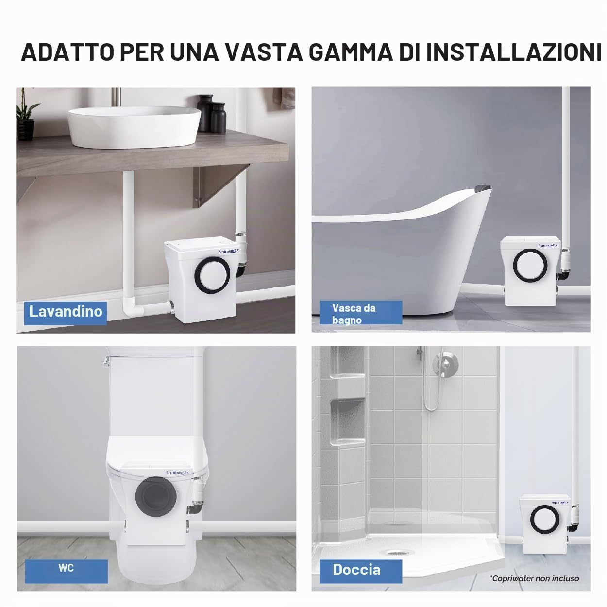 Aquamatix Cubo 400W Trituratore Pompa Maceratore 110L/min Sistema di Sollevamento sanitario con filtro a carbone 3 ingressi per WC, lavandino e vasca da bagno, 8m Distanza di pompaggio verticale