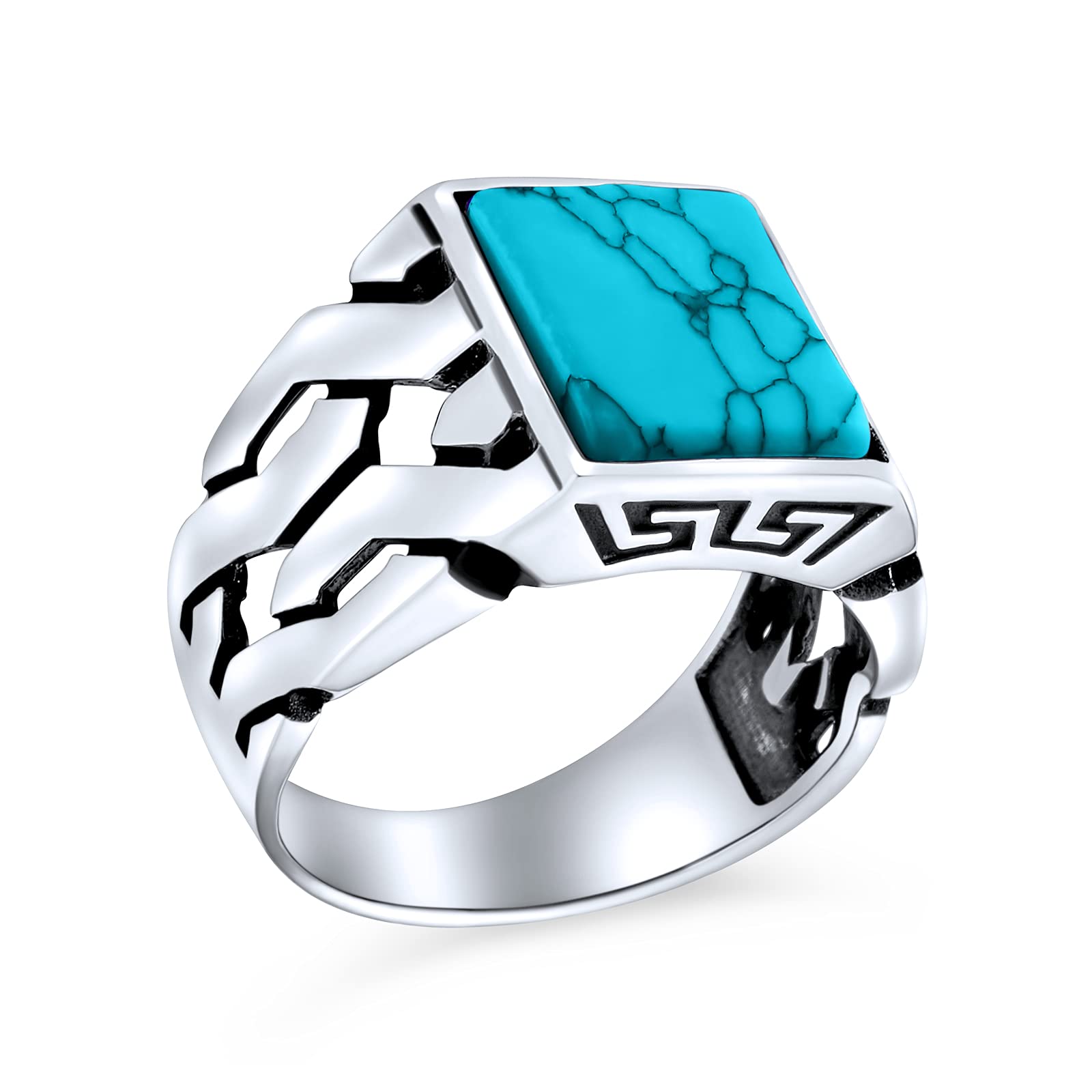 Bling JewelryPersonalize Semi Precious Gemstone Wide Cuban Curb Link Chain Blue Lapis, Turquoise, Brown Tiger Eye, Green Malachite, Black Onyx Rectangle Signet Ring For Men .925 Sterling Silver Handmade In Turkey