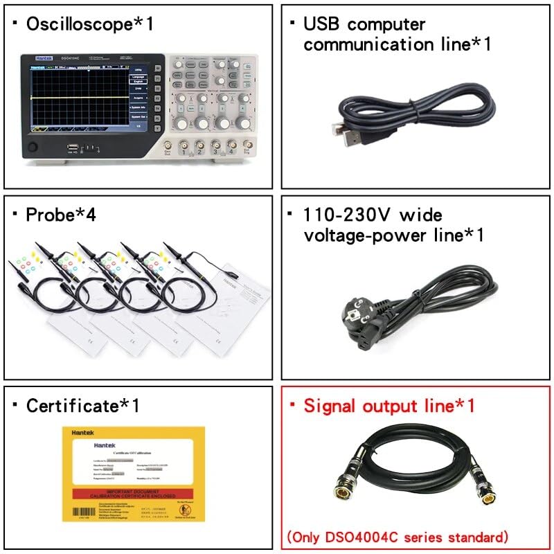 Hantek DSO4254C Oscilloscope package contents including oscilloscope unit, probes, USB cable, power cable, certificate, and signal output line.