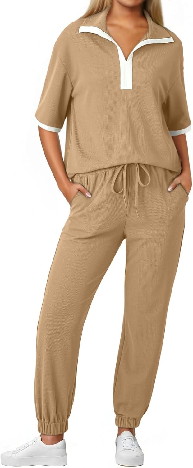 Dokotoo 2 Piece Sets for Women Summer Lapel V Neck Short Sleeve Tops Long Pants Tracksuit Lounge Jogger Set with Pockets