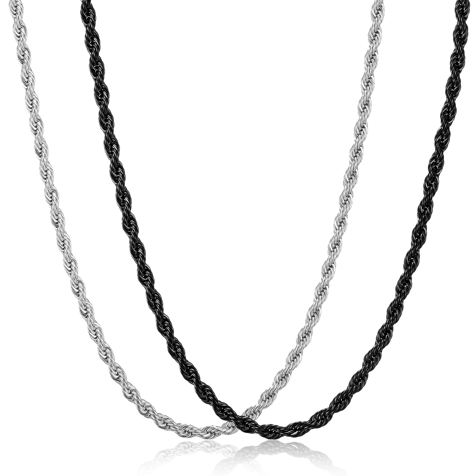 HSWYFCJY 2PCS Unisex Adult Chains, Stainless Steel Rope Necklace, Twist Chain Necklace for Women & Men, Gold/Silver/Black, Ages 6+