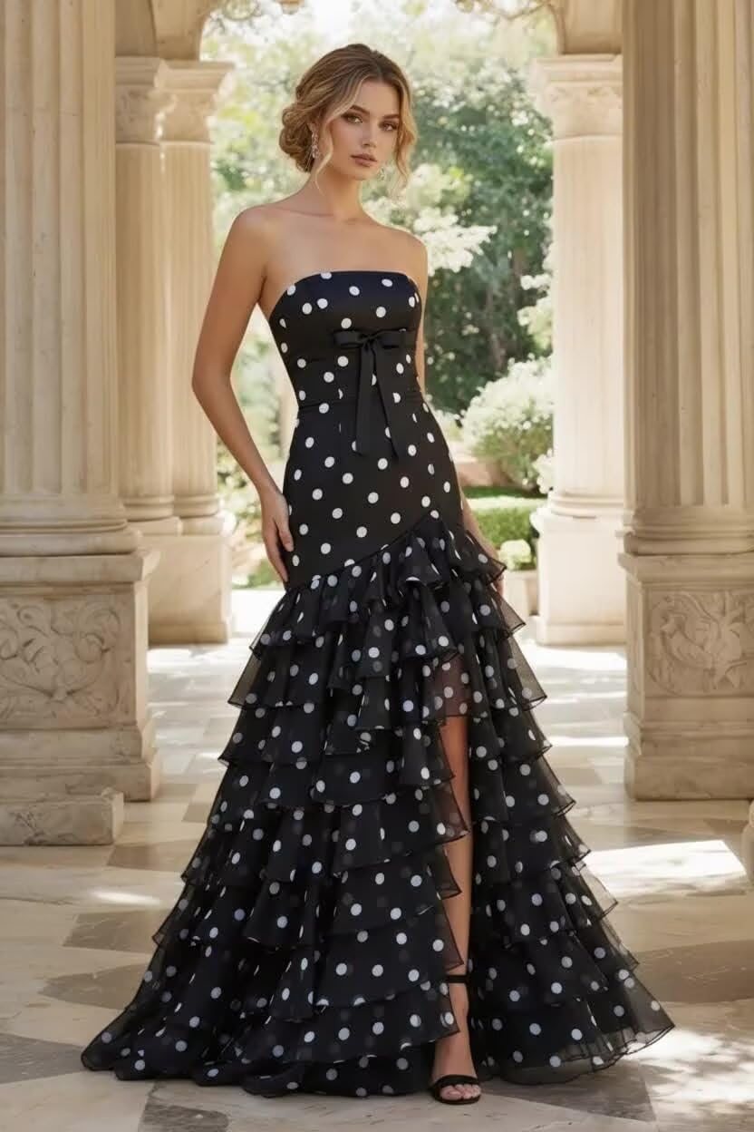 Tiered Polka Dot Prom Dresses 2026 Strapless Corset Vintage Formal Evening Party Gown for Women with Slit - Image 3