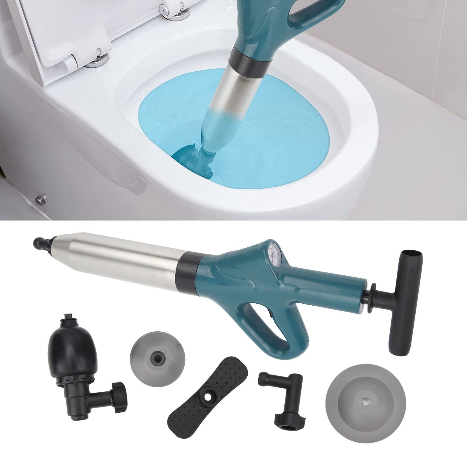 Déboucheur de Toilettes en Acier Inoxydable – Puissant Nettoyeur Haute Pression avec Baromètre Visuel, Outil de Débouchage pour évier, Salle de Bain, Cuisine