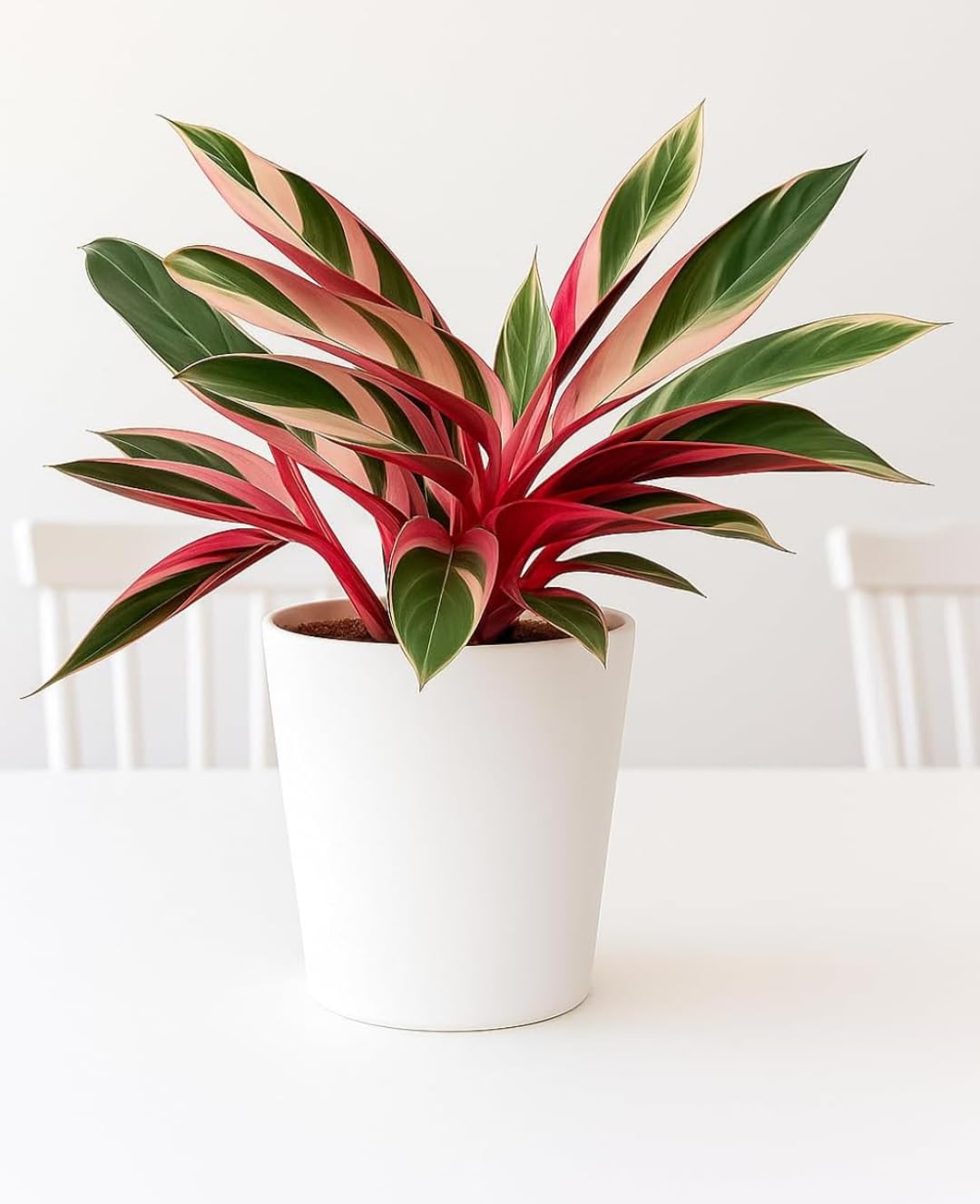 Stromanthe Triostar Live Indoor Plant, Variegated Red, Pink and Green Foliage, in White Ceramic Pot-image-4