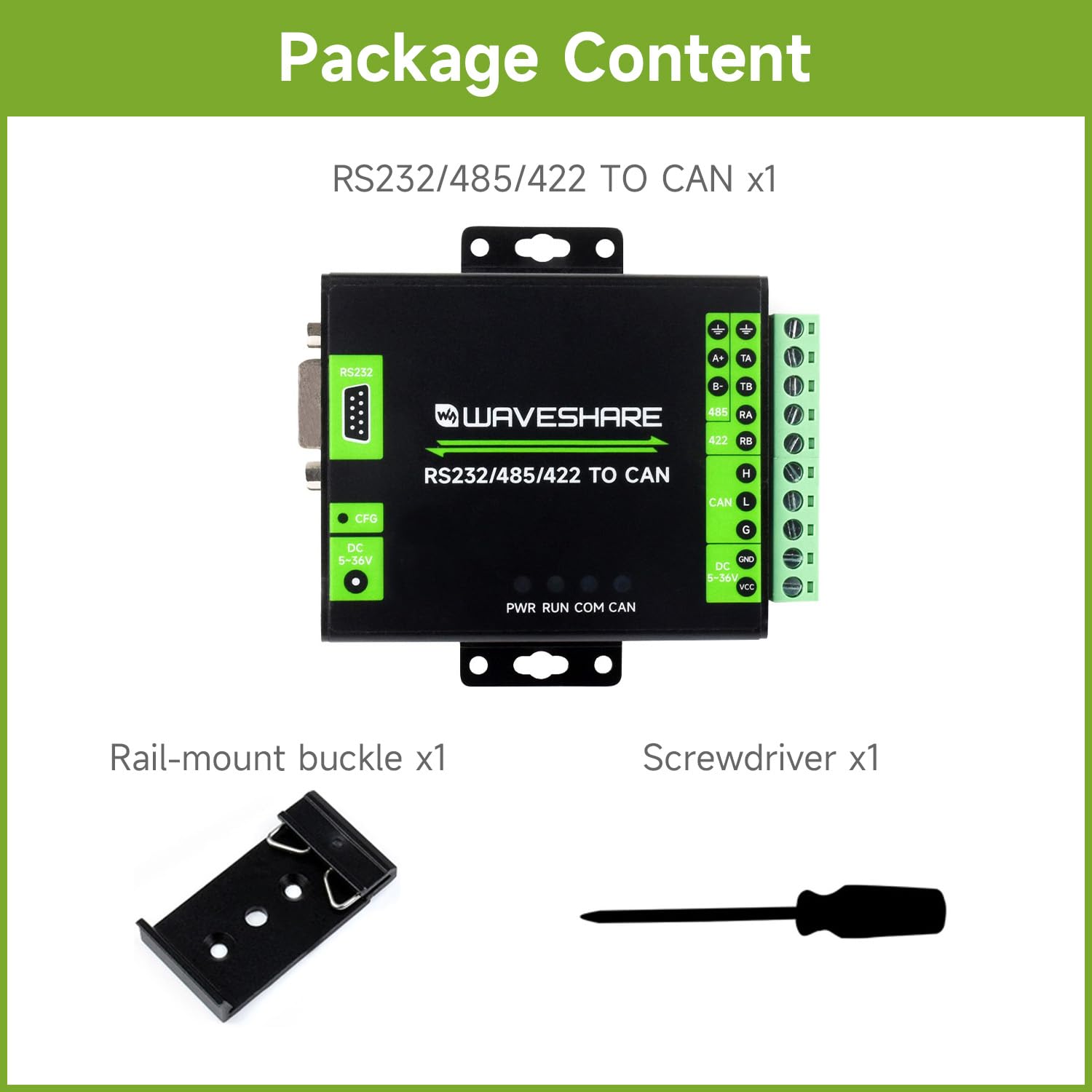 Waveshare RS232/485/422 to Can Industrial Isolated Converter, Supports Modbus RTU Conversion, Multiple Protection Circuits