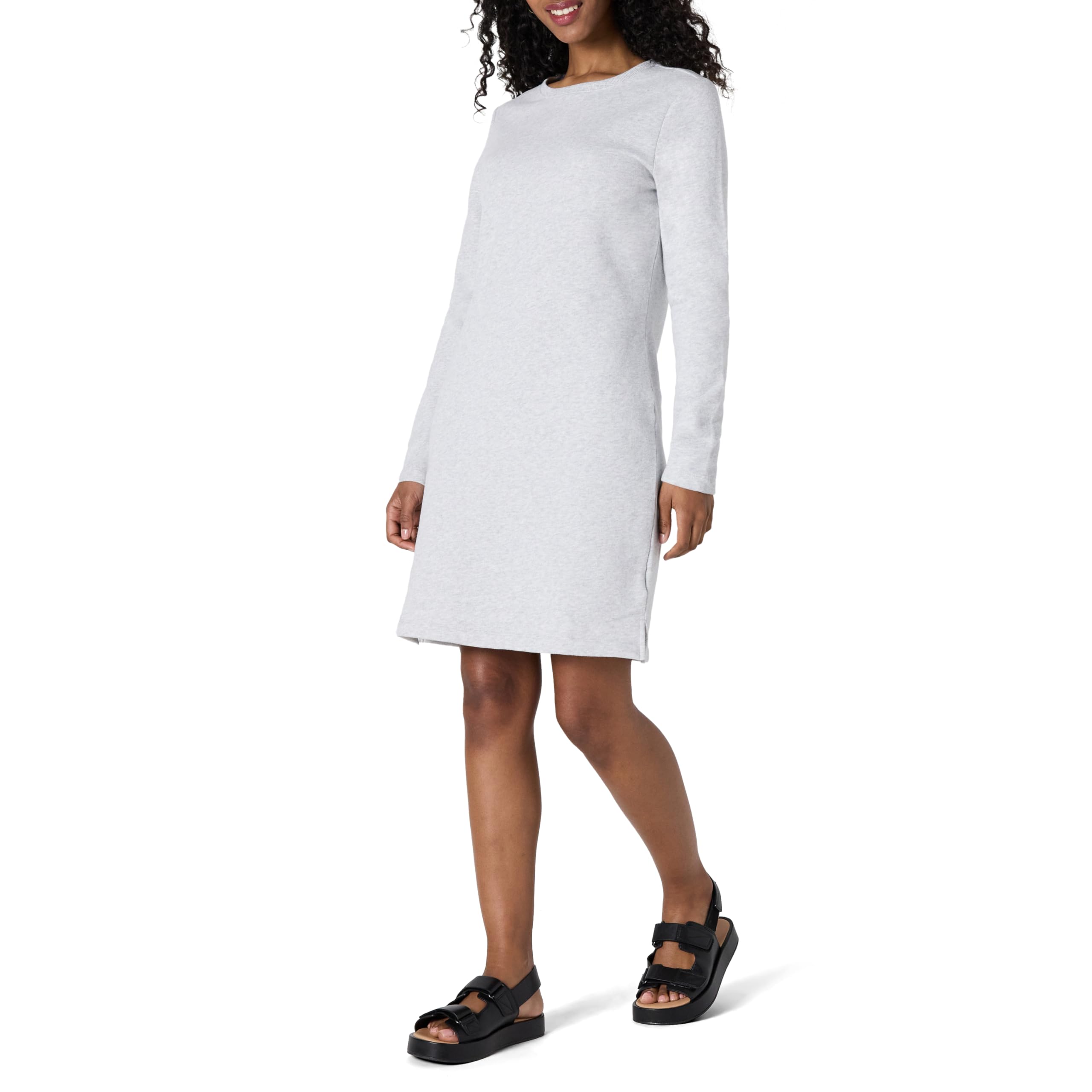 Amazon Essentials Women's Long Sleeve Crewneck Fleece Above-The-Knee Dress with Ribbed Detail, Light Grey Heather, X-Small