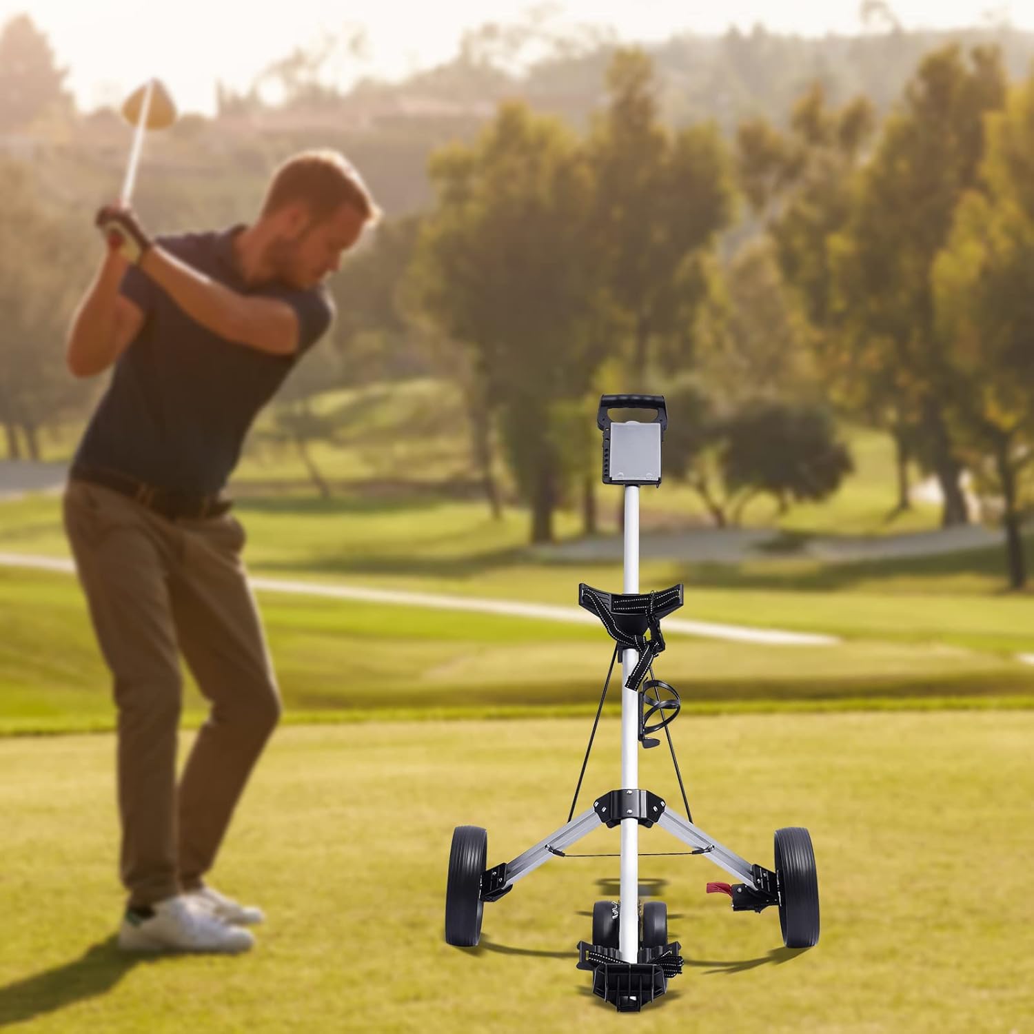 Adjustable 3 Wheel Golf Push Pull Cart - Lightweight 33-44lbs Trolley with Foot Brake, Durable Metal Frame for Golf Courses, Gyms & Schools - 59x43 Inch Design