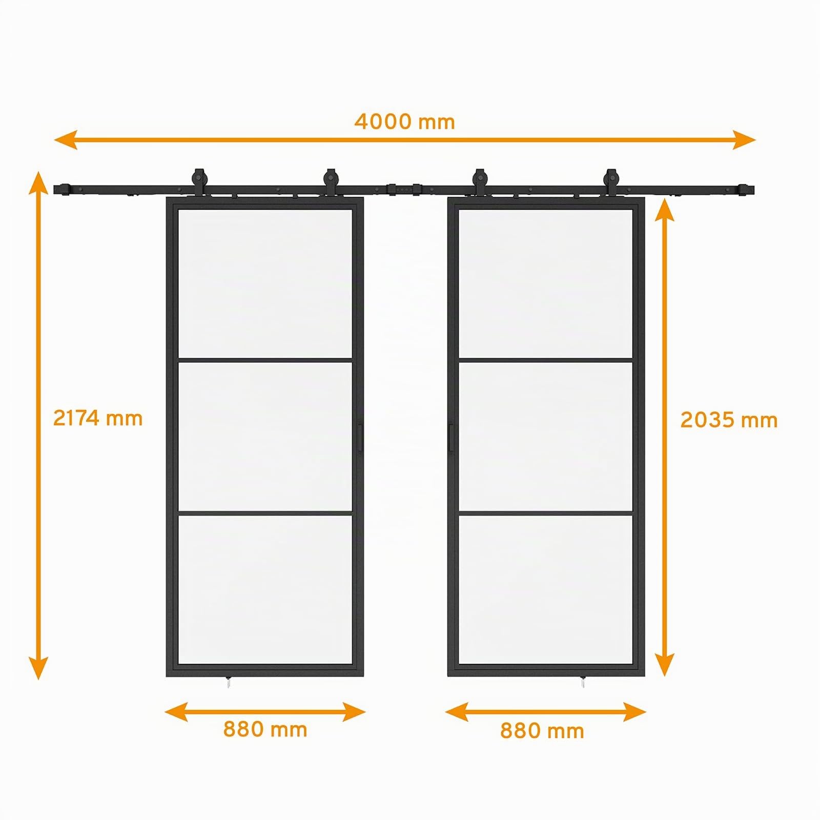inova Glas-Schiebetür Komplettset klar 1760x2035mm Industriestil schwarz offene Laufschiene beidseitiger Softclose