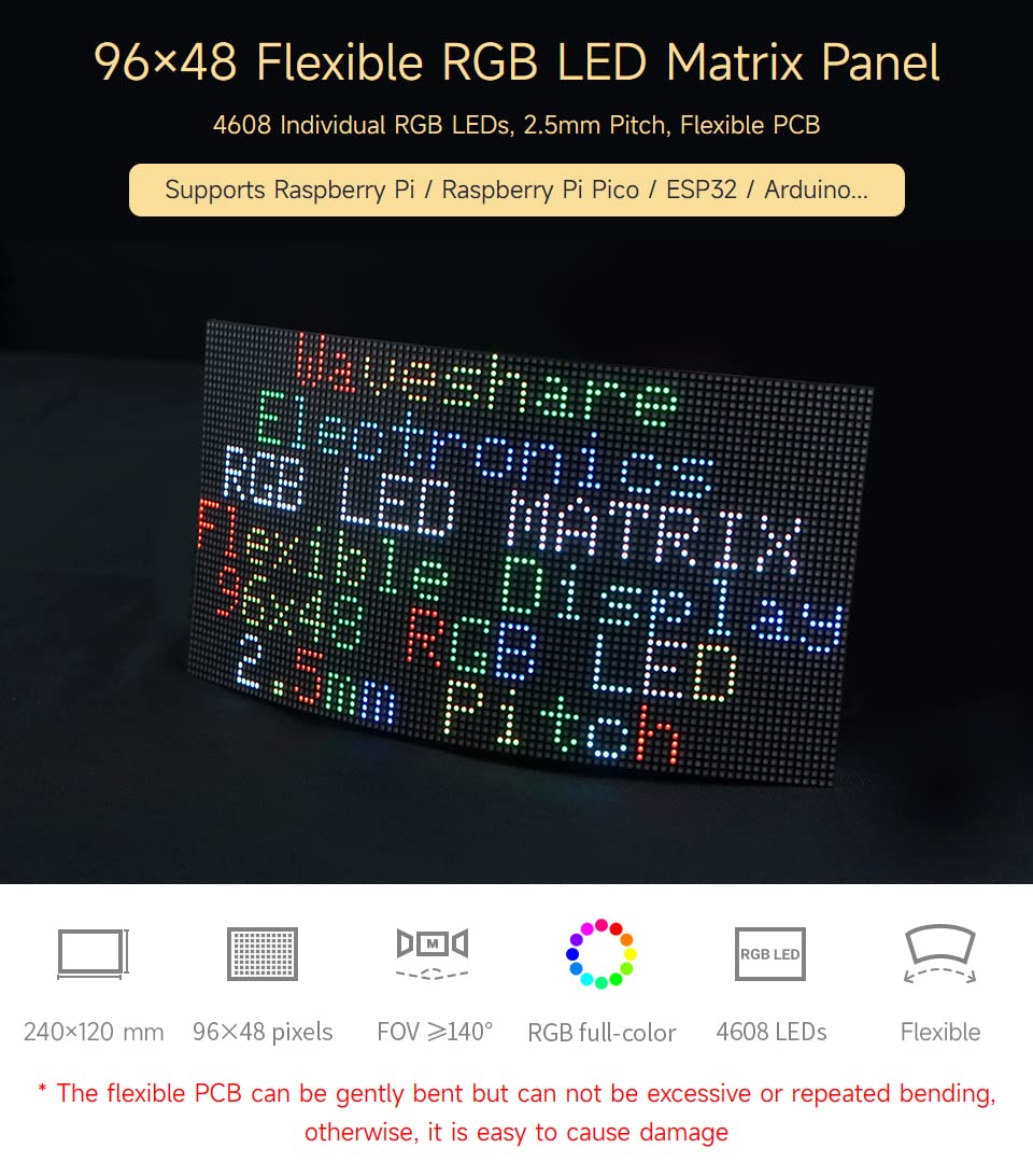 Waveshare Flexible RGB Full-Color LED Matrix Panel 2.5mm Pitch 96x48 Pixels Adjustable Brightness and Bendable PCB Compatible with Raspberry Pi/Raspberry Pi Pico / ESP32 / Arduino