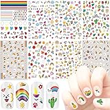 Cute Nail Stickers for Women Kids, 8 Sheets 3D Nail Art Stickers Decals Cartoon Rainbow Unicorn Graf