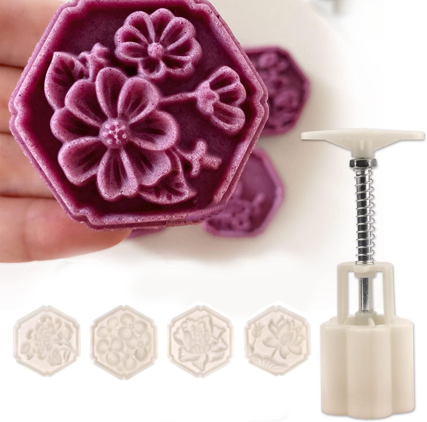 1 Pack Chinese flower moon cake press mold (4*hexagonal flower) | Hand pressed mooncake dessert DIY,moon cake puff pastry mold with stamps for various holidays, parties